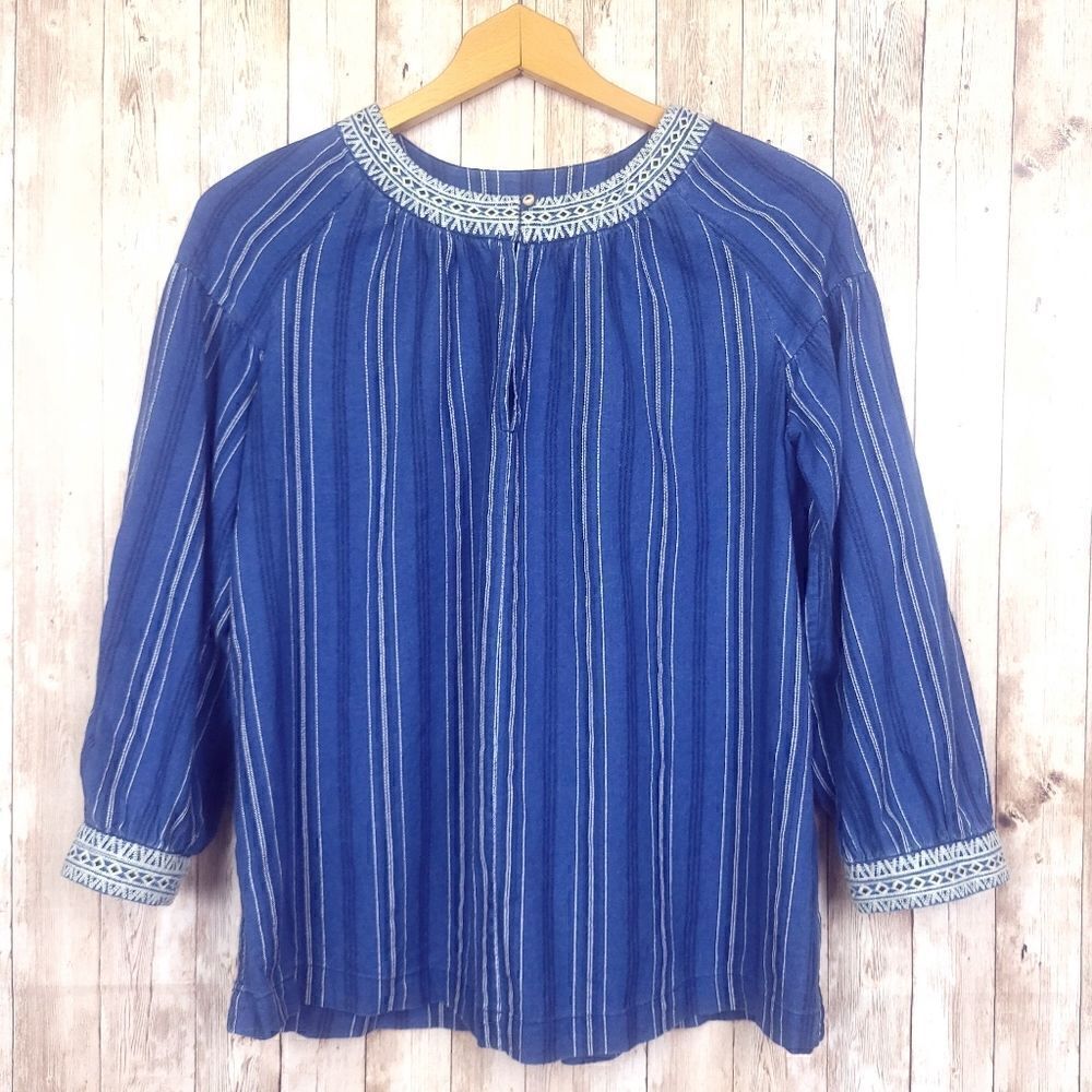 Massimo Dutti Blue Striped Keyhole Neck Embroidered Long Sleeve Blouse  Small